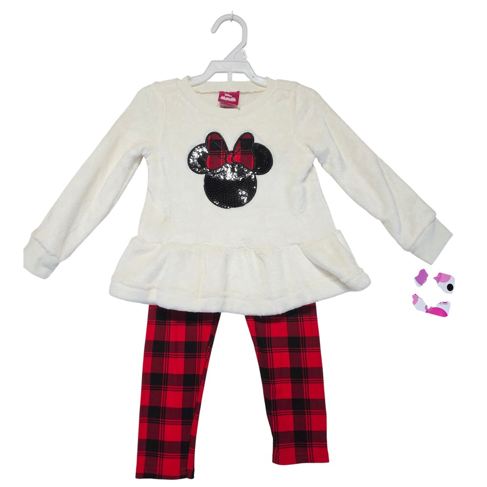 Disney Junior Minnie Mouse Girls Fleece Peplum Top and Plaid Leggings Set